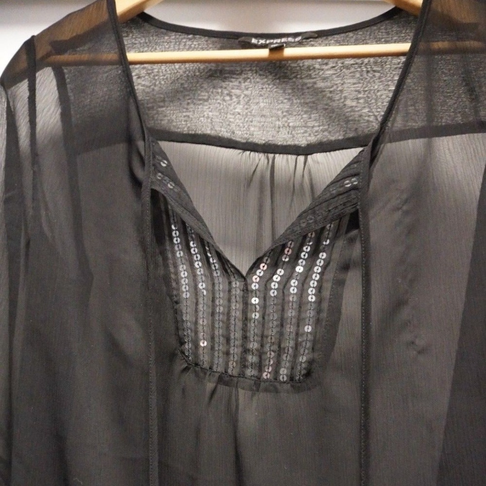 Express sheer black long sleeve shirt sequin XS